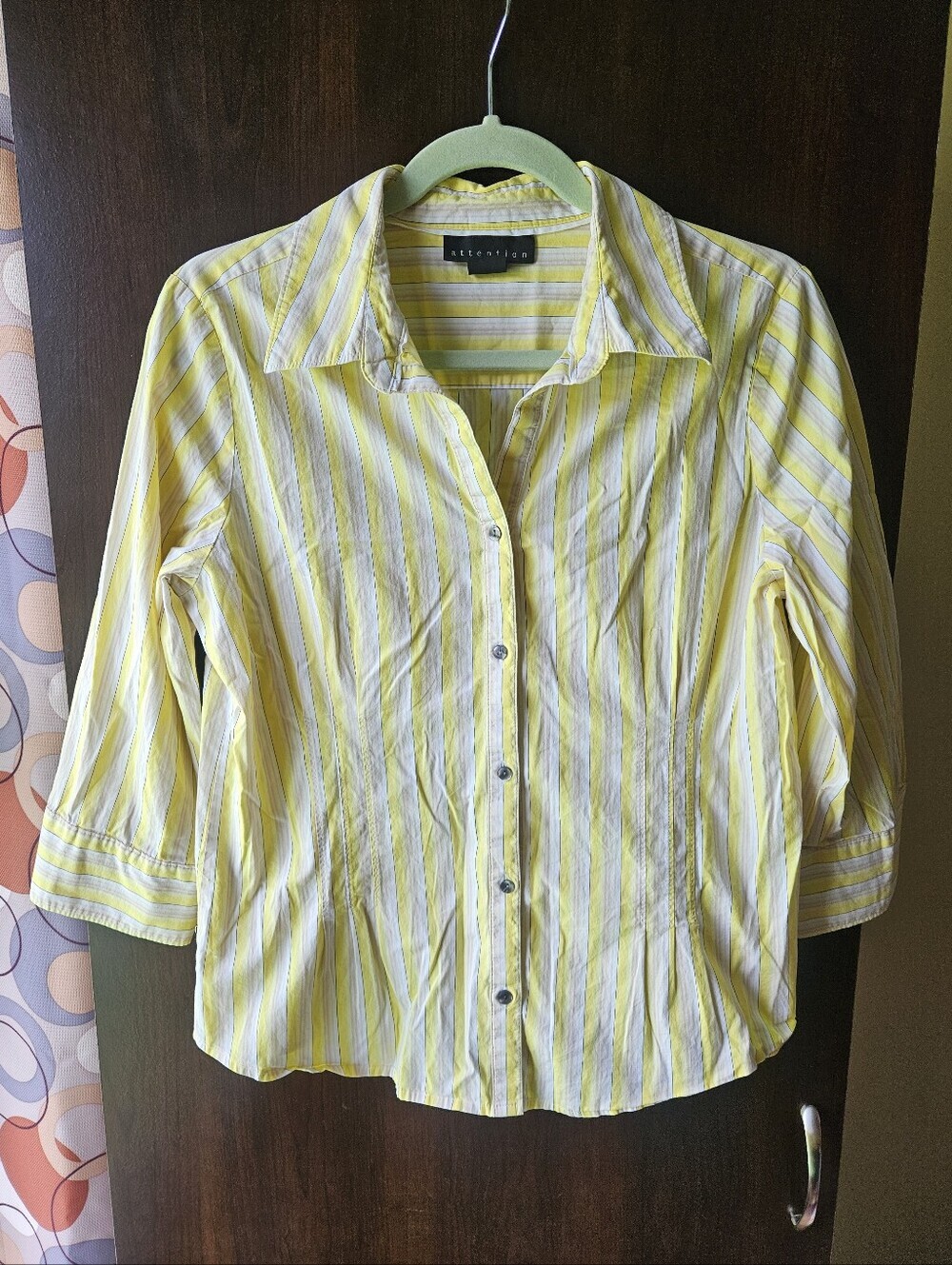 attention Yellow and White Striped Button Down Shirt Size Large